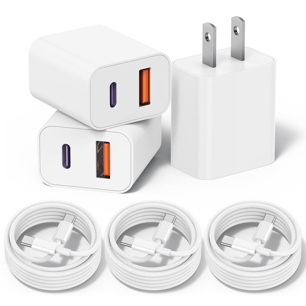 Essri for i Phone 15 Charger, 3 Pack Dual Port QC + PD 3.0 USB Power Fast Wall Charger with USB C Cable 6ft for iPhone 15 15 Pro 15 Pro Max Pad Pro,for AirPods and More