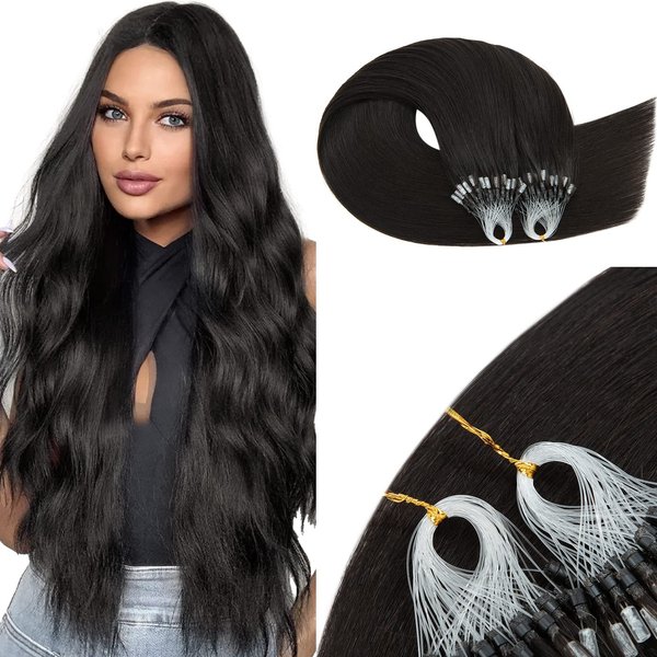 TESSHAIR 16 Inch Microbead Hair Extensions Human Hair, Micro Ring Hair Extension Beads 100% Real Human Hair for Women, Natural Can be Washed Curled Dyed Permed, 50 Strands 50g #1B Natural Black