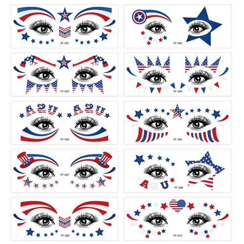 EVECILOO 10 Sheets 4th of July Patriotic Face Temporary Tattoo Sticker Eye Decoration Independence Day Red White and Blue Party Supplies American theme Party Favors