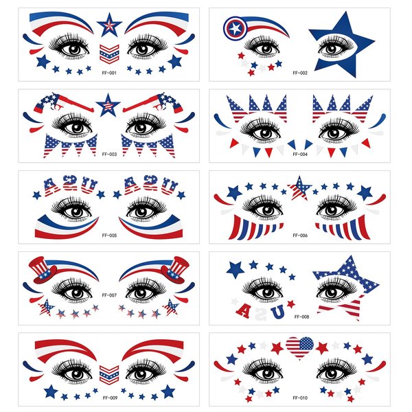 EVECILOO 10 Sheets 4th of July Patriotic Face Temporary Tattoo Sticker Eye Decoration Independence Day Red White and Blue Party Supplies American theme Party Favors
