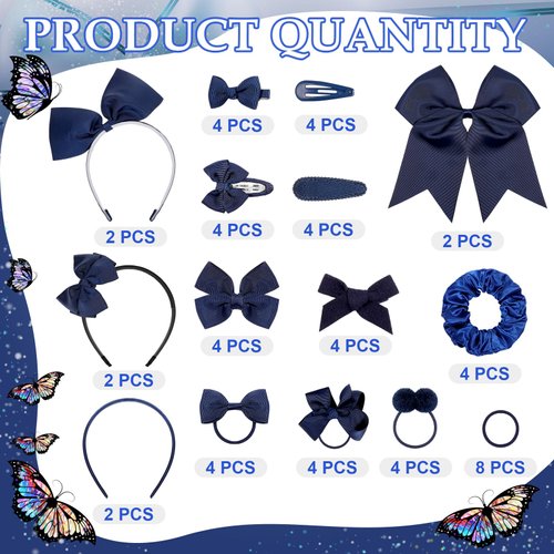 Hotop 56 Pcs School Uniform Hair Bows Set Round Tail Bow Elastic Hair Band Hair Clip Rib Bow Double Hairball Scrunchie Solid Bow Head Band Barrettes for Little Teen Toddler Girls (Navy Blue)