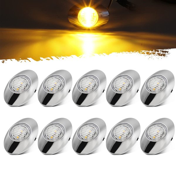Partsam 10Pcs 3"x2" Amber 3 LED Side Marker Clearance Lights, Oval Chrome Semi Truck Panelite Light Replacement For Peterbilt Kenworth Freightliner