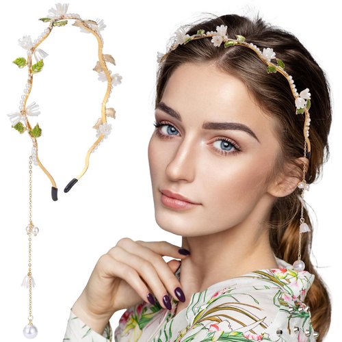 CHANZET Flower Headband for Women Girls, Leaf Hair Vine Boho Headband for Bridal, Flower Crown Headband for Women Girls, Gold Crown Bridal Hair Vine Band with Tassel