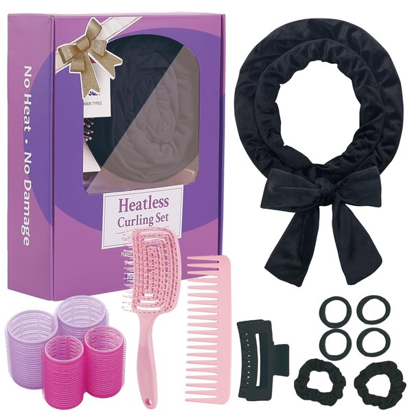 Heatless Curls Headband, Hair Rollers for Heatless Curls, 70" Velvet Heatless Curlers for Women Girls Overnight Curls, No Heat Hair Curlers to Sleep In - Black