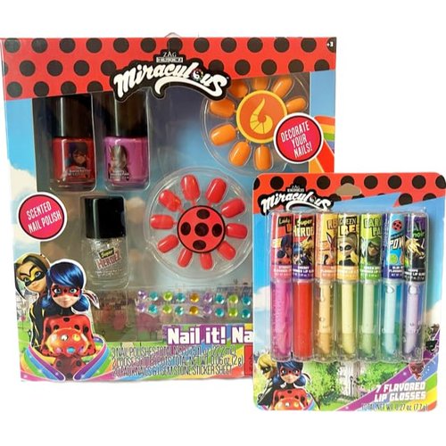 Zag Miraculous Ladybug Nail Polish Set and Lip Gloss Bundle- Includes 3 Nail Polishes, 2 Glitter Pots, 20 Faux Nails and Gemstone Sticker Sheet with 7 Flavored Lip Glosses
