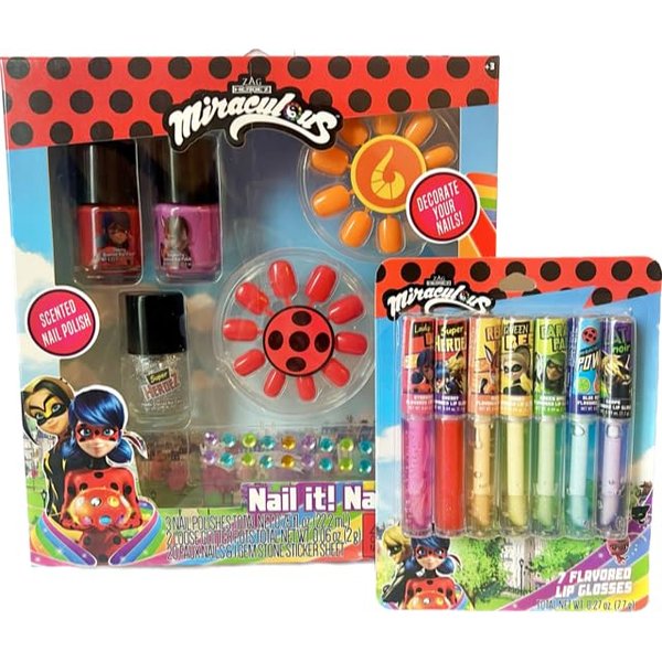 Zag Miraculous Ladybug Nail Polish Set and Lip Gloss Bundle- Includes 3 Nail Polishes, 2 Glitter Pots, 20 Faux Nails and Gemstone Sticker Sheet with 7 Flavored Lip Glosses