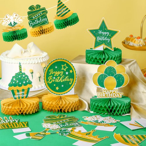 Sabary 12 Pcs Green Gold Happy Birthday Decoration Gold Honeycomb Centerpieces Party Supplies Balloon Crown Paper Centerpiece Table Decorations Royal Table Centerpieces for Men Women Party
