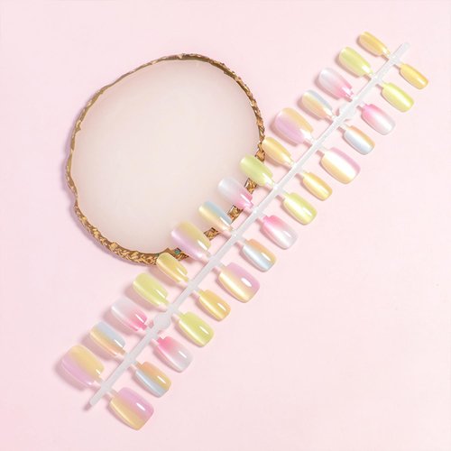 Vopintpy Multicolor Gradient Cat Eye Press on Nails Short Square Fake Nails Mirror Acrylic Nails with Glue on Nails Reusable Stick on Nails for Women DIY Charm Manicure