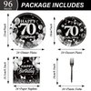 OBUSATT 96PCS 70th Birthday Party Supplies Black and White Silver 70th Happy Birthday Paper Plates Napkins 70th Party Decorations 70 Years Old Dinnerware Party Favor Men Women Tableware Serves 24