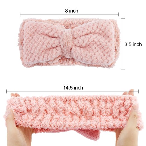 YISSION 4PCS Spa Headband with Bow No Slip Head Band for Face Wash Makeup Skincare Facial Headband Elastic Hair Band Microfiber Headbands for Women Girls (Pink)