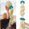 BUPPLER Ponytail Extension with Scrunchies Ponytail Wig Claw Clip in Fake Ponytail Hair Extensions Synthetic High/Low Pony Tail Hair Piece for Women (Green Scrunchie Cool Blonde Wavy)