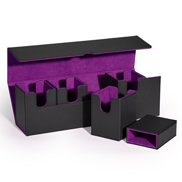 UAONO Card Deck Box with Dice Tray for MTG, 5 in 1 Card Storage Case Holds 900+ Unsleeved Cards, Strong Magnet Card Organizer for Magic Commander TCG CCG Sports Cards (Black&Purple)