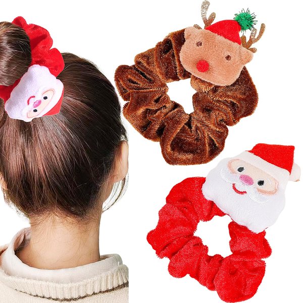 2PCS Christmas Hair Scrunchies Red Santa Claus Silk Scrunchies Elk Elastic Hair Bands Brown Soft Velvet Elastic Hair Ties Bands Christmas Hair Scrunchies Hair Access for Women