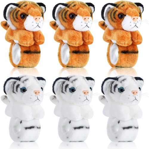 Sosation 6 Pcs Stuffed Animal Slap Bracelets for Kids Hug Slap Bracelet Bulk Tiger Stuffed Animal Plush Kids Toy for Valentines Day Easter Birthday Gifts Party Favors(Tiger Style)