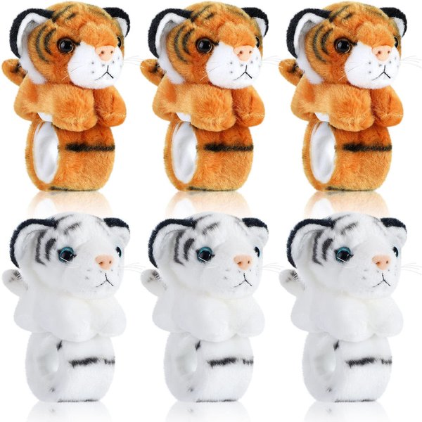 Sosation 6 Pcs Stuffed Animal Slap Bracelets for Kids Hug Slap Bracelet Bulk Tiger Stuffed Animal Plush Kids Toy for Valentines Day Easter Birthday Gifts Party Favors(Tiger Style)