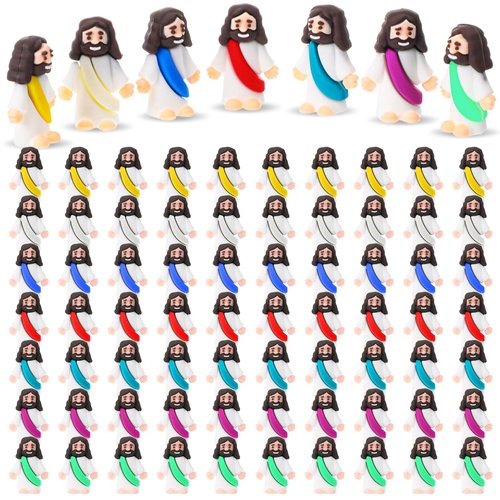 Bememo 100 Pcs Jesus Toys Original Design Mini Rubber Little Jesus Figurine to Hide and Seek Religious Party Favors Sunday School Craft Baptism Gifts for Easter Egg Stuffers(Multicolor)