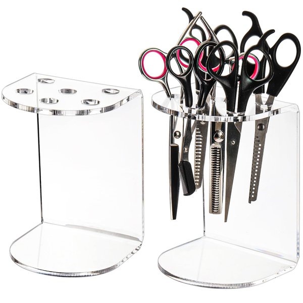 Hedume 2 Pack 6 Holes Clear Acrylic Scissors Holder Rack, Salon Shear Holder, Barber Shop Scissors Stand, Desktop Hairdresser Scissors Combs Clips Organizer