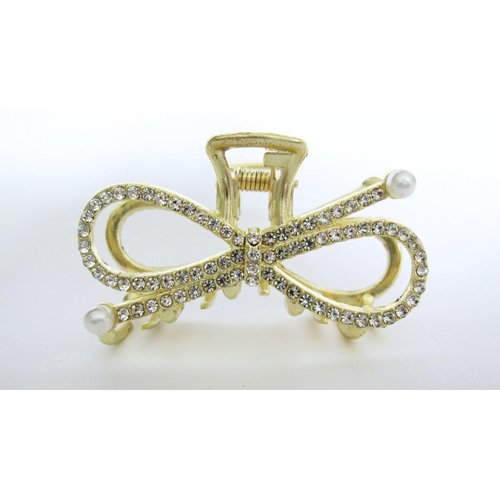 Generic Small/medium gold metal pearl and crystal bow shaped hair claw clip