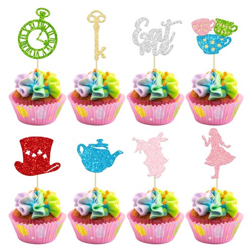 Gyufise 24Pcs Alice In Wonderland Cupcake Toppers Glitter Bowl Key Clock Fairy Eat Me Cupcake Picks Tea Party Cake Decorations for Baby shower Kids Boys Girls Birthday Party Supplies