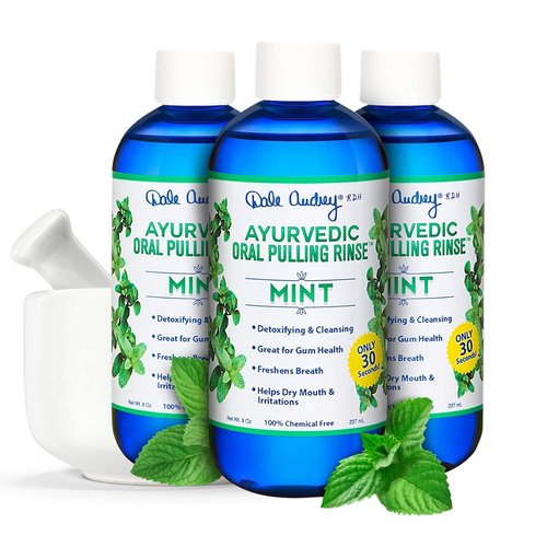 Dale Audrey Ayurvedic Organic Oil Pulling for Teeth and Gums | Refreshing Mint Flavored Oral Rinse Mouthwash | Essential Oils for Bad Breath | Whitening Teeth & Fresh Breath | (3 Pack,8oz)