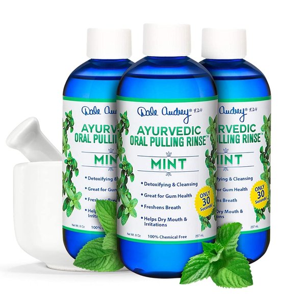 Dale Audrey Ayurvedic Organic Oil Pulling for Teeth and Gums | Refreshing Mint Flavored Oral Rinse Mouthwash | Essential Oils for Bad Breath | Whitening Teeth & Fresh Breath | (3 Pack,8oz)