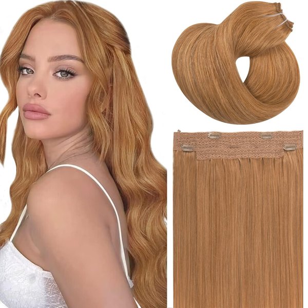 Loxxy Remy Human Hair Extensions Straight Fish Line Hair Silky 16 Inch Auburn Brown Transparent Layered Wire Hair Extensions Real Human Hair Removable 90g