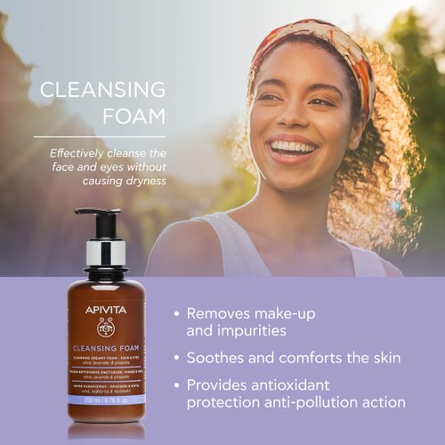 APIVITA Cleansing Foam for Face & Eyes - Removes Makeup & Impurities, Soothing, Hydrating, Revitalizing, Moisturizing Organic Facial Wash, 6.76 Fl Oz