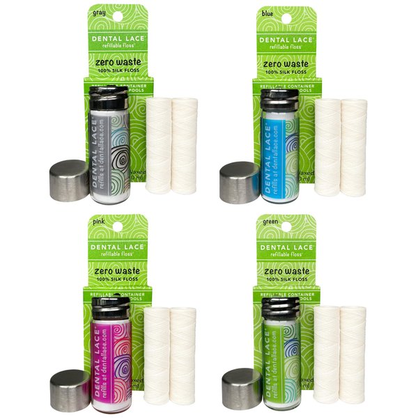 Dental Lace Pack of 4 Colors New Refillable Dental Floss Containers with Recyclable Packaging
