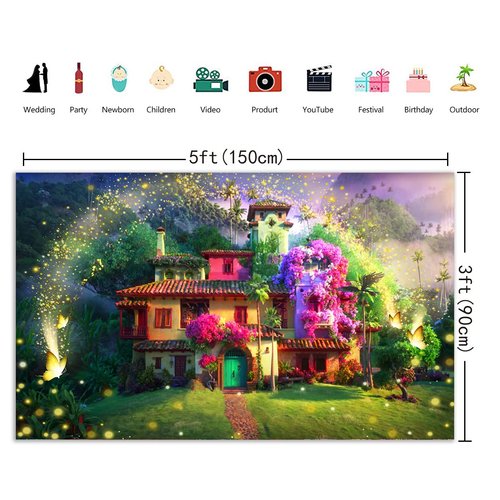 Magic Flowers House Backdrop Fairy Buttfly Woodland Background for Birthday Party Supplies Kids Movie Scene for Girls Madrigal Family Happy Birthday Background Decorations (5X3FT)