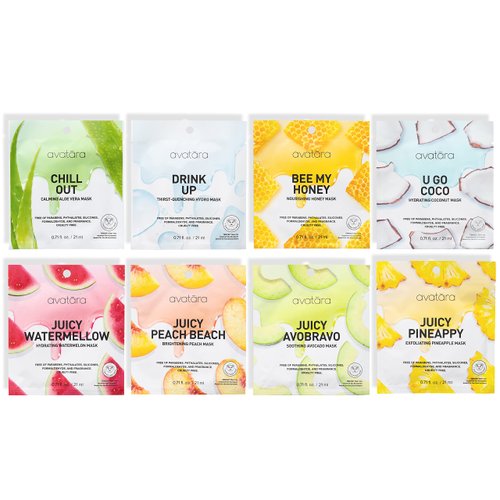 Avatara - Sheet Mask Set, Face Mask Skincare Variety Pack of 8, Facial Mask Set for Hydration, Exfoliation, and More, Face Mask Skin Care, Sheet Masks Made with Tencel Fibers, Teen Skincare