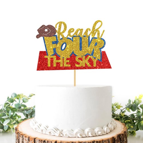 Helewilk Reach Four the Sky Cake Topper/Toy Inspired Story 4th Birthday Party Decoration/Cartoon Theme Four Years Birthday Party Cake Picks/Kids Boys Girls Favors Birthday Supplies