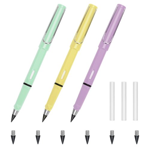 Catcan 3Pcs Everlasting Pencil Reusable, Exquisite Inkless Eternal Pencil Unlimited Writing Pen Erasable Infinite Pen with 6Pcs Replacement Nibs
