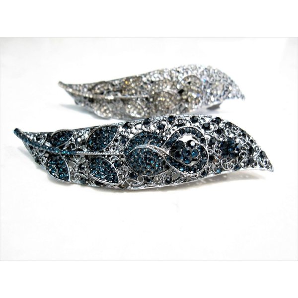 Generic Blue and silver flower leaf crystal hair barrette clip bridal barrette (Primary color: Gray), 1 Count (Pack of 1)