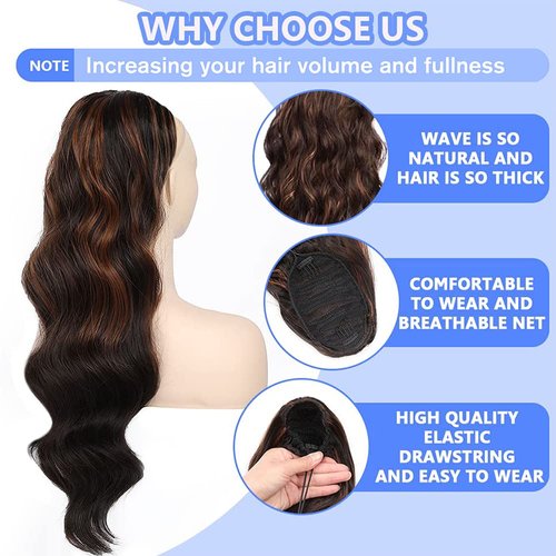 MOTEFOUS Long Curly Drawstring Ponytail Hair Extensions 24 INCH Synthetic Natural Long Body Wavy Curly Hair Wrap Around Ponytail (4/30)