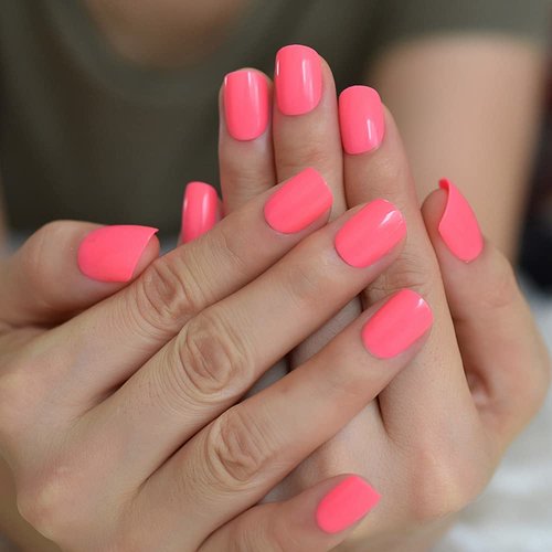 Pretty Deep Bright Neon Pink Press On Nails Short Round False Nails Women Girls Square Nail Art Tips Full Cover Reusable Salon Summer Beauty Fake Fingernails Datechable Acrylic Manicure For Daily Dating Office Home Party (24pcs)