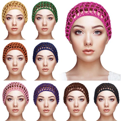 9 Pieces Mesh Crochet Hair Net Rayon Knit Snood Hat Thick Short Women Hairnet Snoods Cover Ornament for Sleeping (Black, Green, Khaki, Rose Red, Light Brown, Pink, Purple, Orange, Navy Blue)