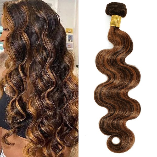 MOMOSHERO Brown Highlight Body Wave Bundles Human Hair, 10A Soft and Glossy Blonde Balayage Ombre Human Hair Bundles 100% Remy Hair Single Ombre Human Hair Bundle #1b/30 Piano Color Dark Root 16 Inch