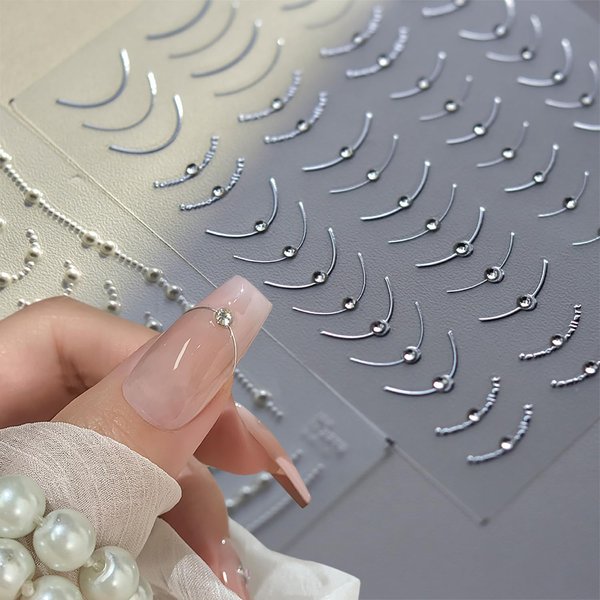 French Tip Nail Stickers, 2 Sheets 5D Crystal Rhinestones Lines Nail Art Stickers Self-Adhesive Gold Silver Lines Nail Decals Curved Strips with Diamond Nail Design Supplies for Women Nail Decorations