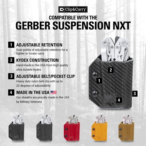 Clip & Carry Kydex Multitool Sheath for Gerber Suspension NXT - Made in USA - Multi Tool Sheath Holder Cover Belt Pocket Holster - Multi-Tool not Included (Carbon Fiber Black)