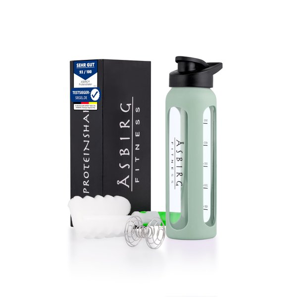 Asbirg Fitness | Protein Shaker Made of Glass | Protein Shaker | Drinking Bottle | with Spiral Ball | Black (pastel green)