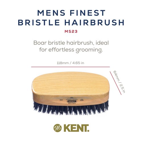 Kent MS23 Finest Men's Rectangular 100% Natural Satinwood & Beechwood Military Hair Brush with Medium Black Bristle for Mens Grooming, Scalp Brush, 360 Wave, and Beard Straightener