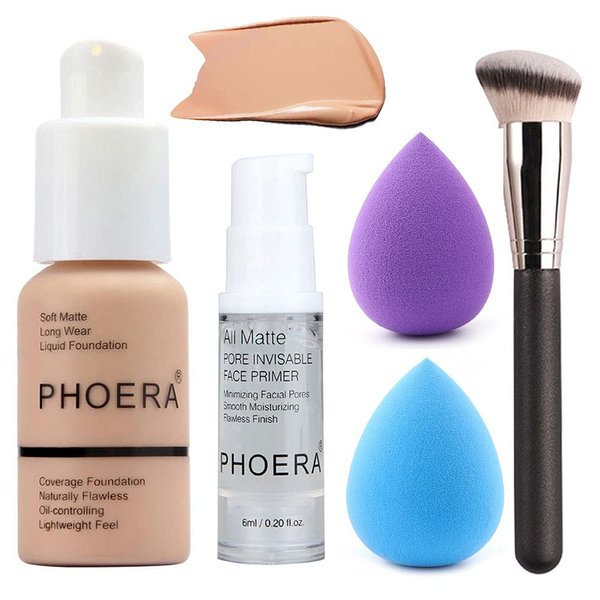 5PCS Liquid Foundation Makeup Set Matte Liquid Full Coverage Oil Control Breathable Invisible Cover Concealer Foundation with Face Primer, Foundation Brush, Makeup Sponge (103 Warm Peach Makeup Set)