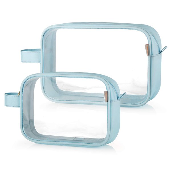 GAGAKU 2pcs Clear Toiletry Bag TSA Approved Travel Toiletry Bags Liquid Bag with Handle Strap, Waterproof Transparent Makeup Cosmetic Bags for Women - Light Blue