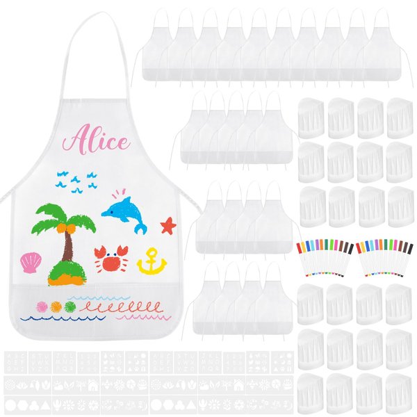 BOUBONI 36PCS DIY Kids Chef Hat and Apron Set Kids Painting Aprons with Colored Pen and Crafts Template for Baking Painting Craft