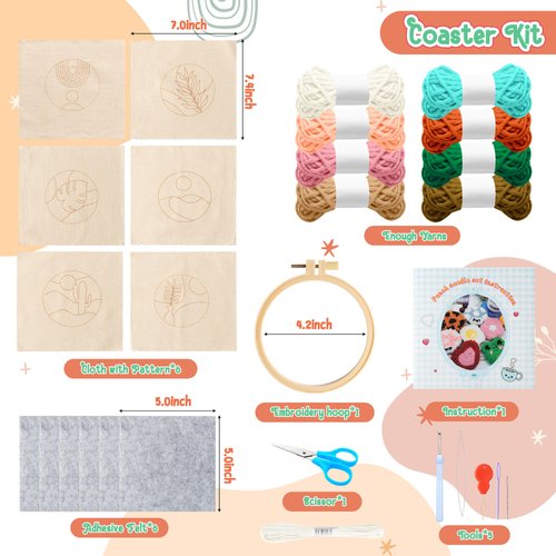 WATINC 22Pcs Craft Punch Needle Coaster Kit, Easy Art Work Decor Coasters Kits for Beginners, 6 Pattern Tufted Rug Pads with Adhesive Felt Yarns Embroidery Hoop Instruction, DIY Needle Punch Craft