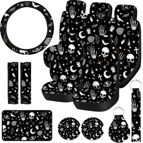 15 Pieces Moon and Stars Car Seat Cover Full Set for Women Men Upgrade Thick Car Front Seat Covers Universal Steering Wheel Cover Separate Headrest Cover Seat Belt Pads(Skeleton Cat Pattern)