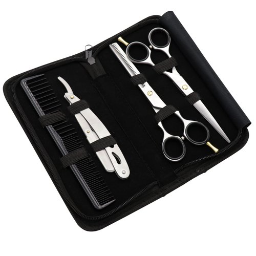 Barber Hair Scissors Cutting & Thinning Scissors Kit Straight Edge Razor Comb with Black Storage Case With Free Blades (Dull 6.5 Inch)