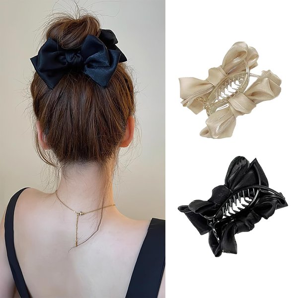 Boxkat 2 Pcs Bow Ponytail Hair Claw Clips Cute Nonslip Bowknot Shark Clip Hair Grip Thin Thick Hair Styling Accessories for Women Girls, 8cm/3.14 Inch, champagne, black