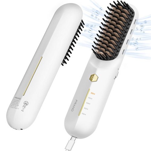 FRANO Cordless Hair Straightener Brush - Portable Straightening Brush for Travel, Negative Ions Fast Heating Straightener for Women，Lightweight Mini Hot Comb with Fast Charge USB+Type-C （White ）