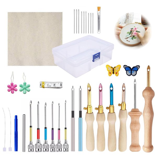 35 Pcs Punch Needle Kit, Punch Needle Tool Adjustable Punch Needle Embroidery Kits Wooden Handle Embroidery Pen Punch Needle Cloth Needle Set for Embroidery Floss Cross Stitching Beginner (35)